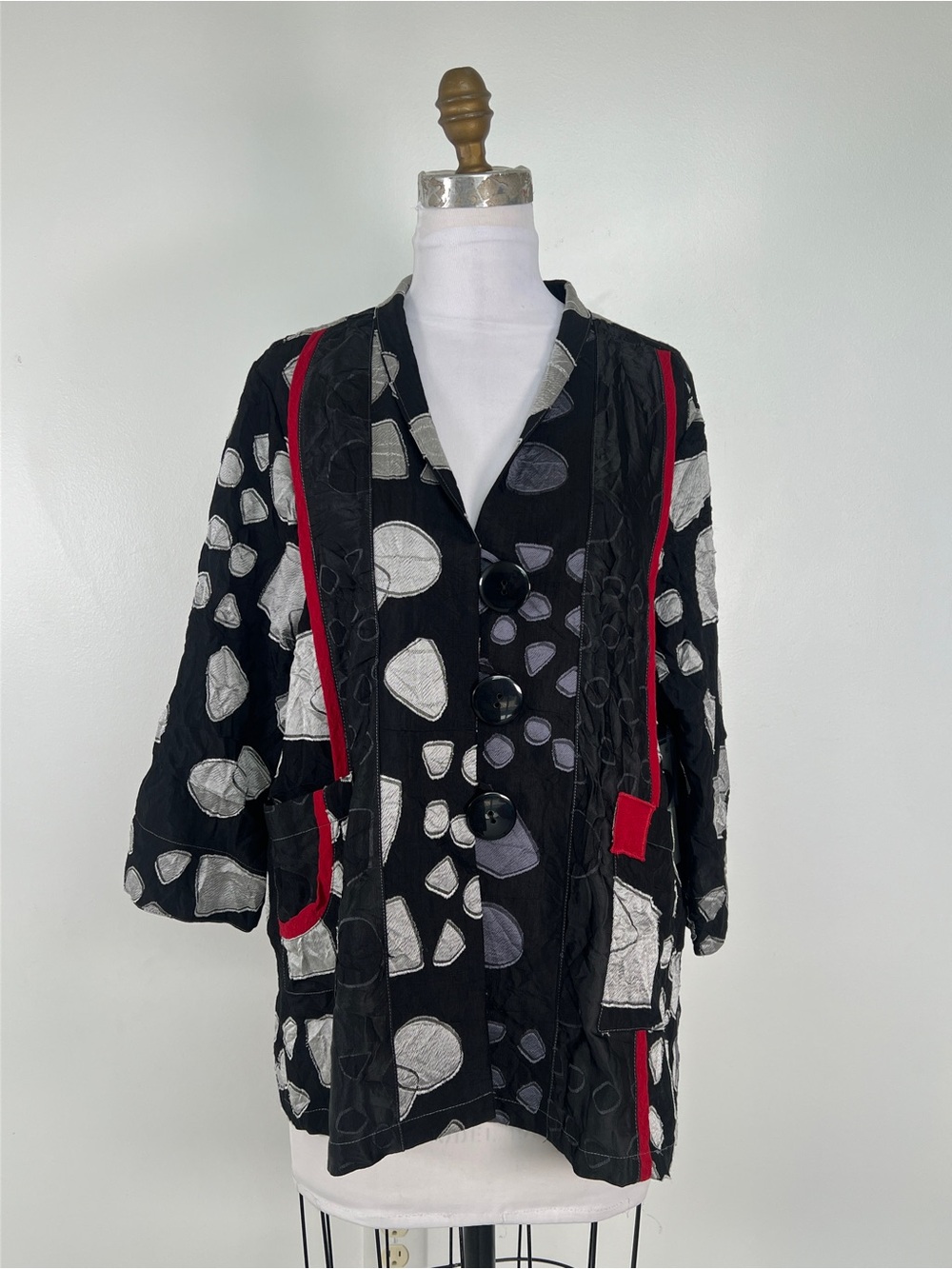 NWT Ali Miles Women’s Black Patchwork Button Jacket Tunic Red Trim XL Petite